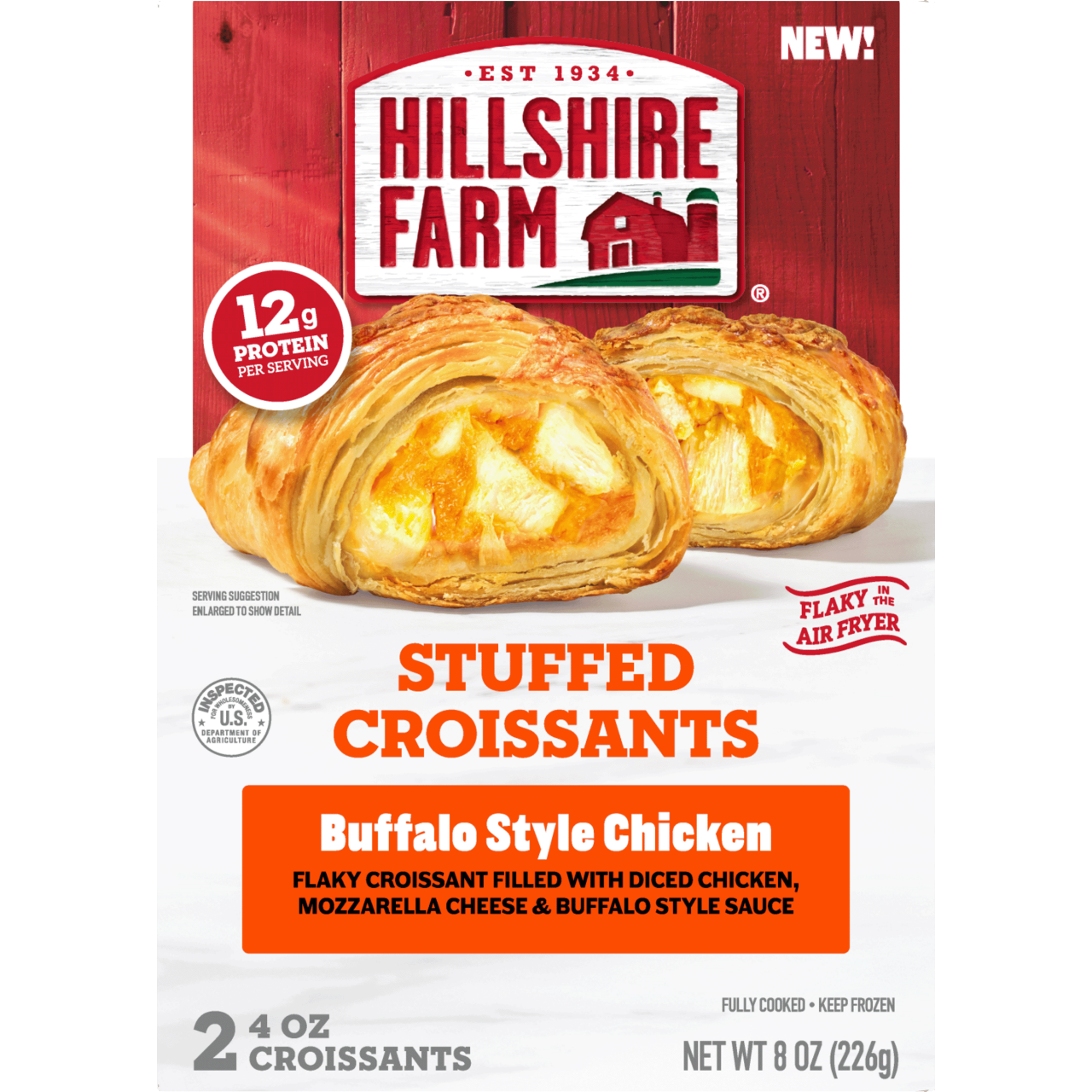 Buffalo style chicken stuffed croissant in Hillshire Farm packaging 
