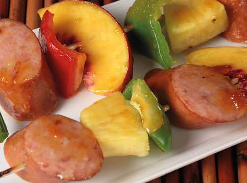 Apricot Glazed Smoked Sausage And Fruit Kabobs