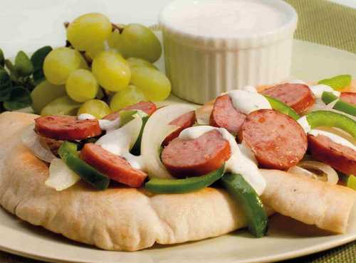 Smoked Sausage Pita Bread Sandwich with Mustard Sauce